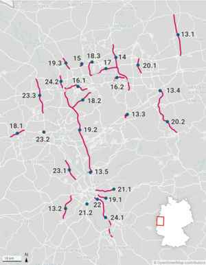 Bild 3: Ballungsgebiet Nordrhein-Westfalen (vereinfachte Darstellung) (Grafik: BMDV; Quelle: BMDV; Erstellt mit Datawrapper) Bild 3: Ballungsgebiet Nordrhein-Westfalen (vereinfachte Darstellung) (Grafik: BMDV; Quelle: BMDV; Erstellt mit Datawrapper)